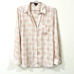 THE LIMITED LS Blouse Geometric Pink White Roll Tab Tunic Top Collared Sz L